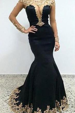 Sexy Black Lace Long Sleeves Long Mermaid Prom Dresses Evening Dresses RS499