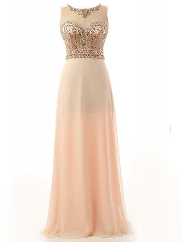 Round Neck Beading Bodice Long Chiffon Prom Dresses Evening Dresses RS498