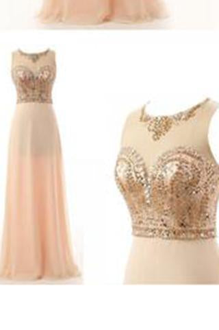 Round Neck Beading Bodice Long Chiffon Prom Dresses Evening Dresses RS498