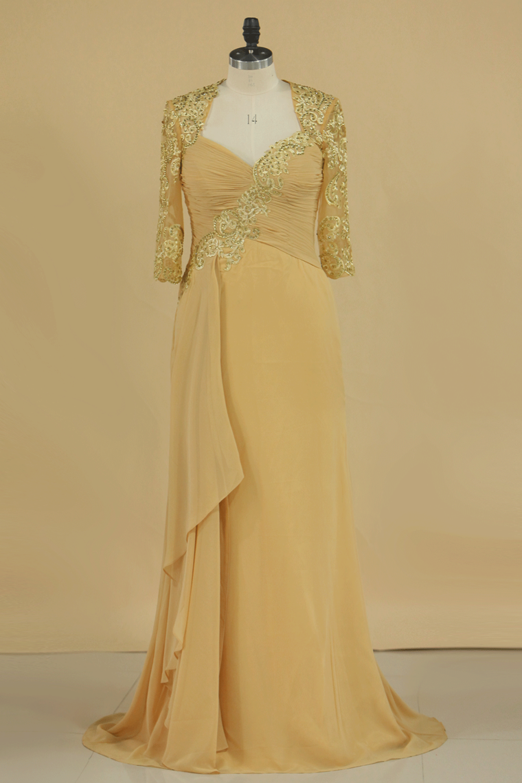 2024 Mother Of The Bride Dresses Mid-Length Sleeves Chiffon With Applique Sweep Train