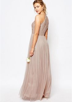 Gorgeous Glittering Top Tulle Halter Romantic Short Long Sleeveless Bridesmaid Dress RS352