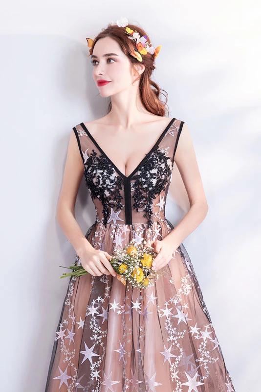 Princess A Line V Neck Applique Prom Dresses with Stars, Lace up Evening Dresses SRS15286