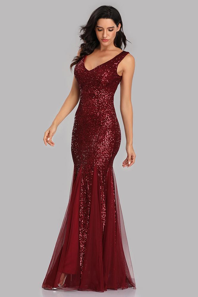 Sexy Burgundy Tulle V Neck Mermaid Sequin Prom Dresses, Evening Party Dresses SRS15332
