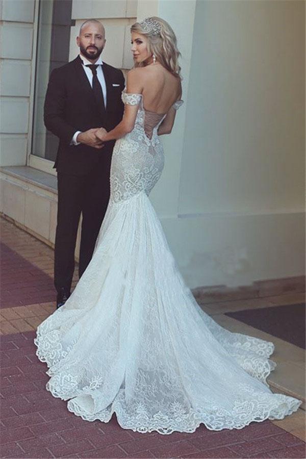 Sexy Queen Mermaid Sweetheart Ivory Lace Off-the-Shoulder Open Back Wedding Dresses RS306