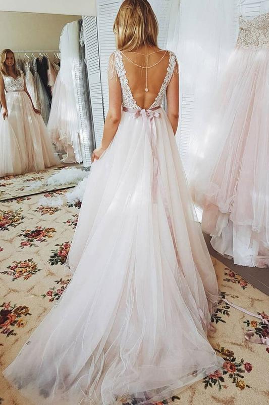 A Line Lace Bodice Open Back Pink Sweetheart Fitted with Sash Beach Wedding Dresses RS92