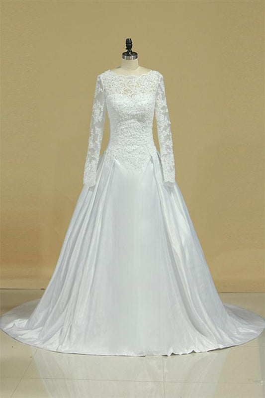 A Line Long Sleeves White Lace Appliques Satin Beads Open Back Wedding Dresses RS815