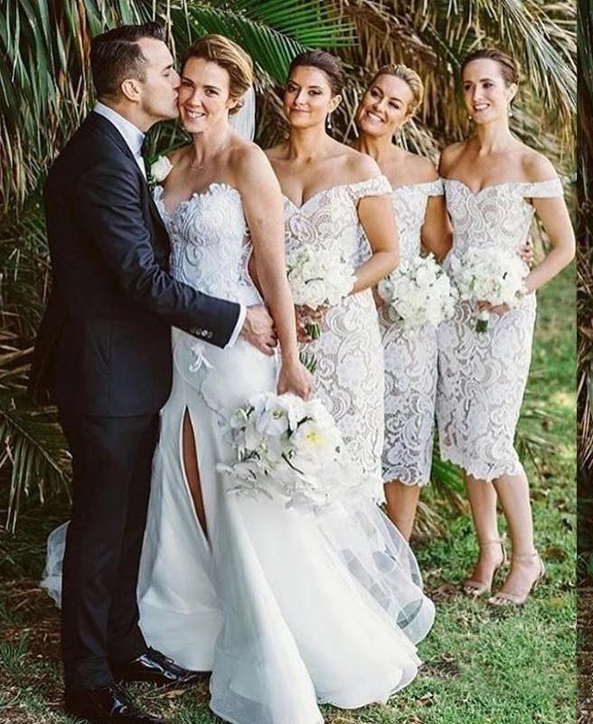 Unique Mermaid Off the Shoulder Ivory Lace Sweetheart Bridesmaid Dresses with Slit SRS15540