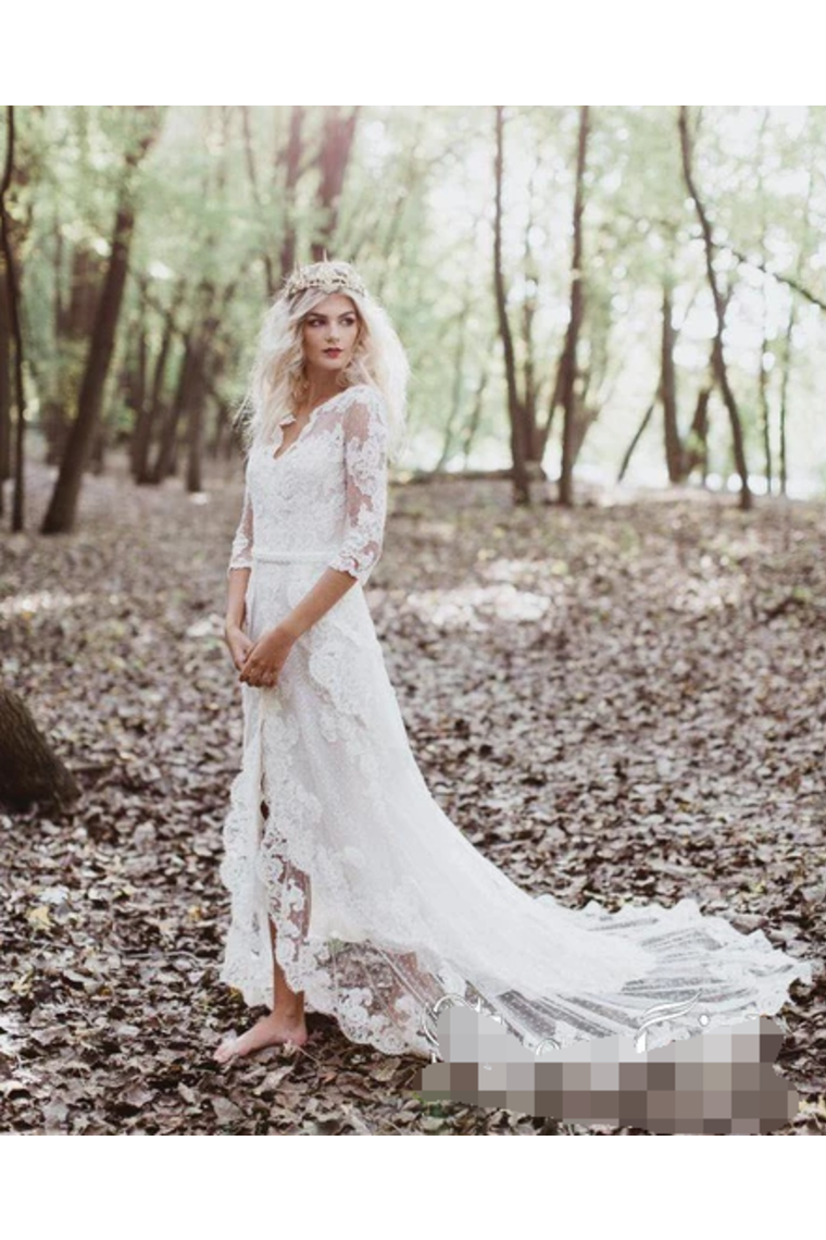 Risqu�� Sheath With Unlined Sleeves Wedding Dress Front Slit Ivory Lace Bridal Dress