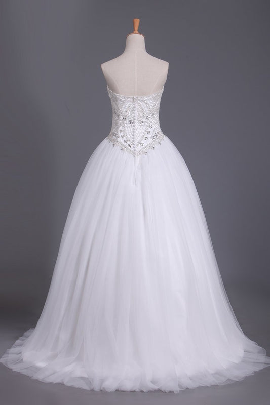 2024 Sweetheart Tulle Wedding Dresses A Line With Beading Court Train