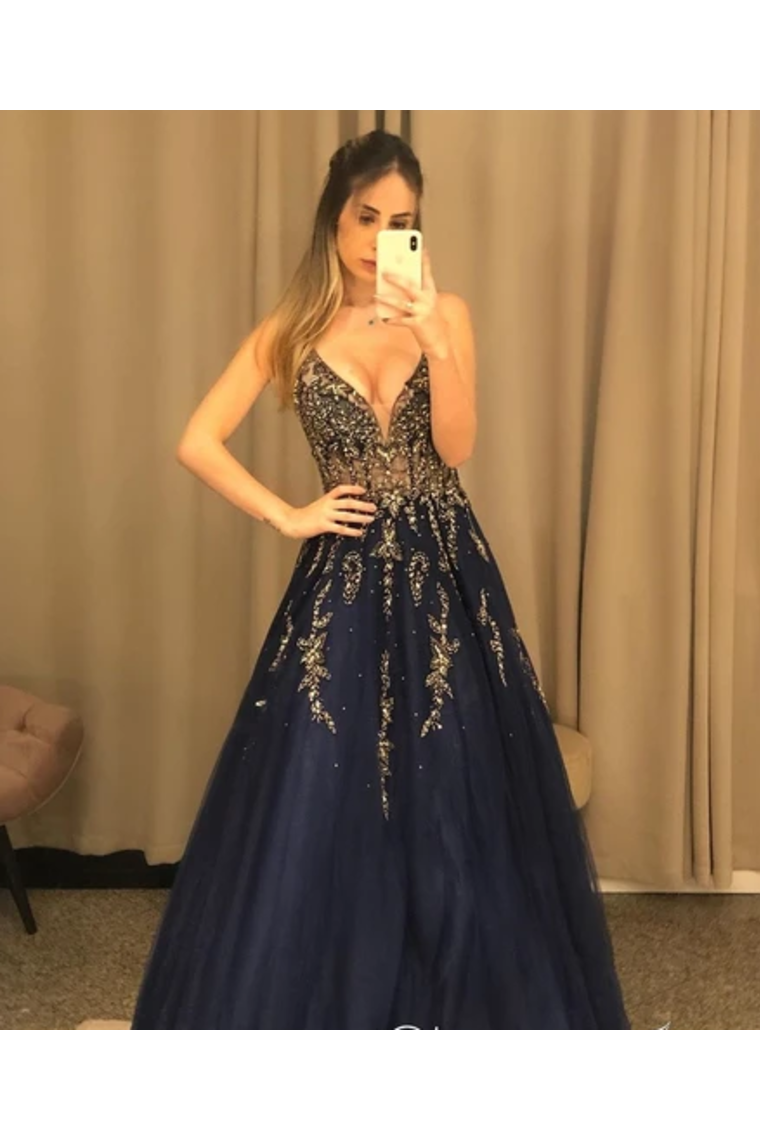 See Through Beaded Bodice V Neck Line Sexy Party Dress Tulle Long Prom SRSPYPFH7EN