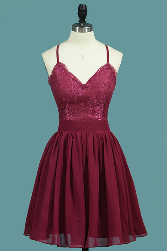 2024 Sexy Open Back Spaghetti Straps Cocktail Dresses A Line Chiffon & Lace