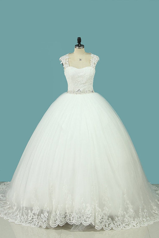 2024 Straps Wedding Dresses Tulle With Applique And Beaded Waistline Open Back