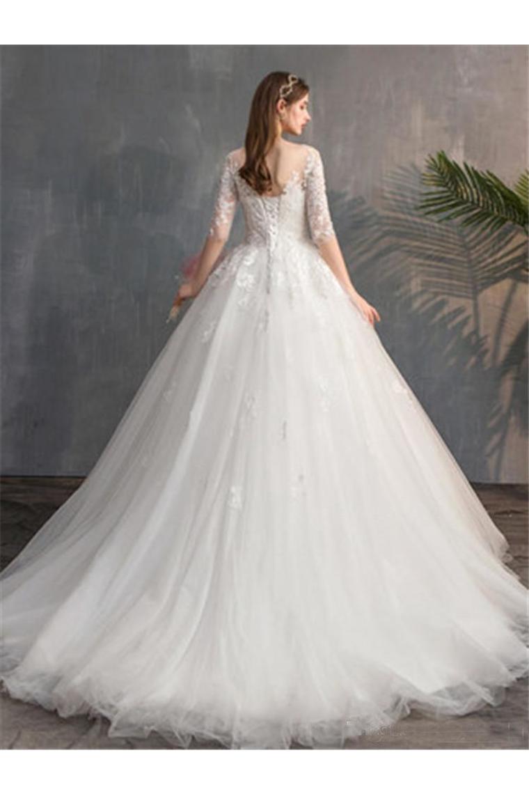 Romantic 3/4 Sleeves Illusion Neckline Appliques Wedding SRSPEG4NEPJ