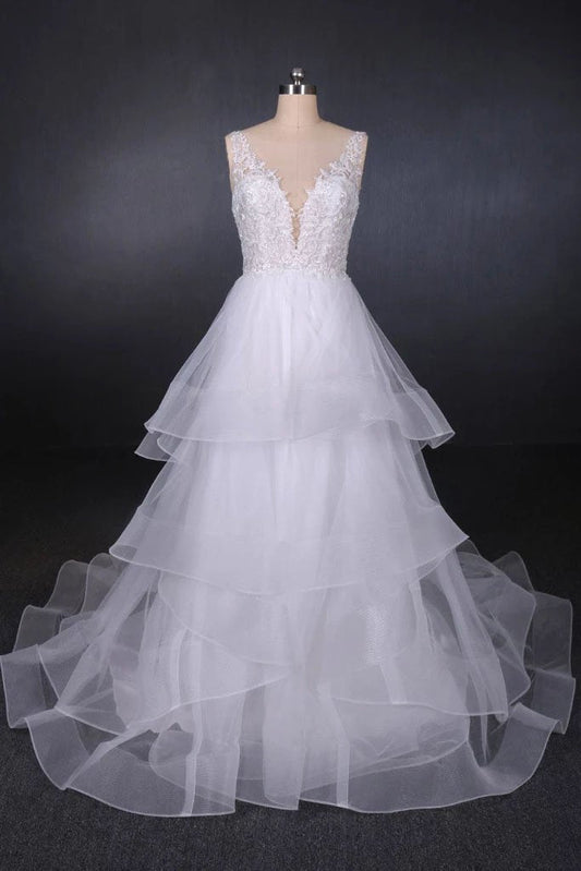 Elegant V-neck Tulle Open Back Wedding Dresses, Asymmetrical Long Bridal Dresses SRS15217