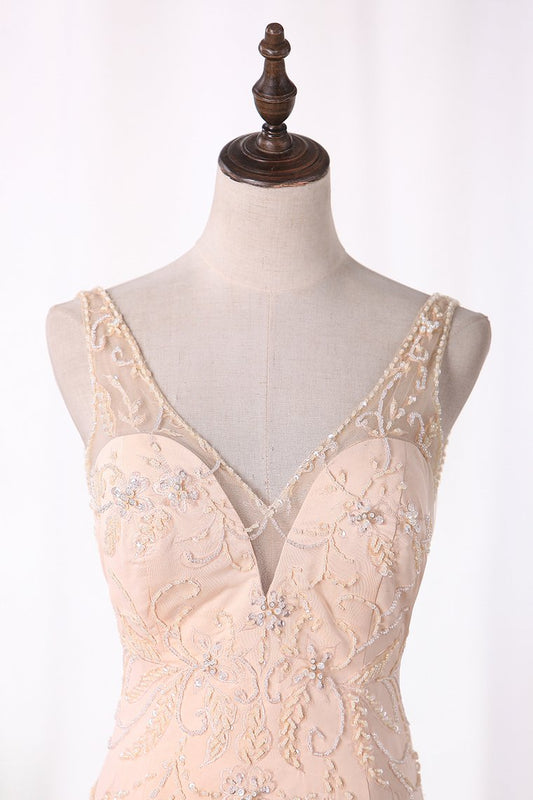 2024 Wedding Dresses V Neck Open Back Beaded Bodice Spandex Mermaid