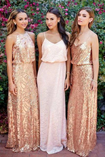 Cheap Pink Lace Sparkly Sequin Gold Mismatched Bridesmaid Dresses, Long Prom Dresses SRS15129
