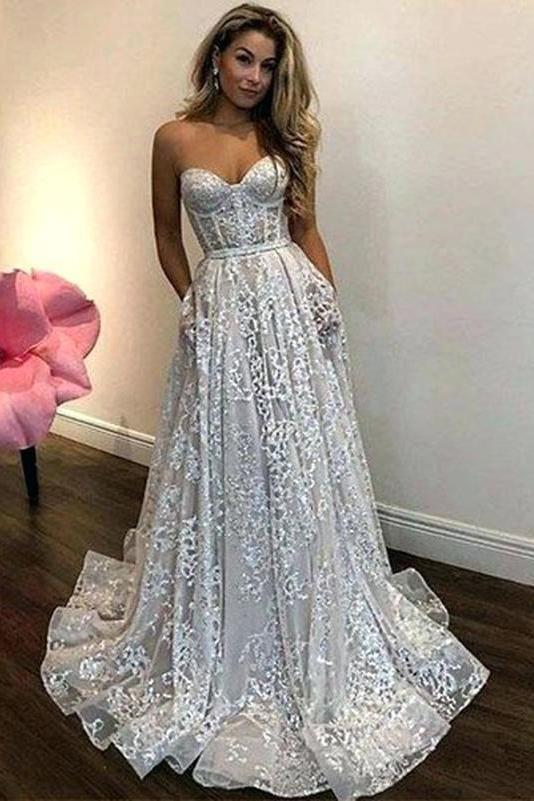 A Line Sweetheart Strapless Sweep Train Lace Pockets Wedding Dress with Sequins SRS15036