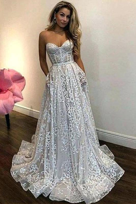 A Line Sweetheart Strapless Sweep Train Lace Pockets Wedding Dress with Sequins SRS15036