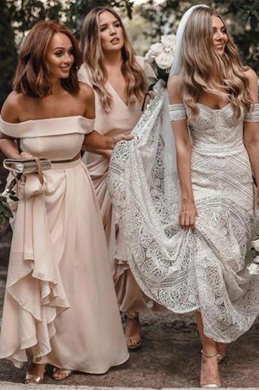 A Line Off the Shoulder Chiffon Cheap Two Pieces Backless Bridesmaid Dresses SRS15492