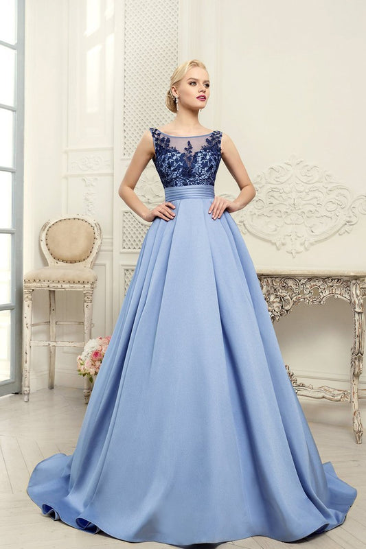 2024 Scoop Blue A-Line Appliques Satin Backless Sleeveless Quinceanera Dress Prom SRS10096