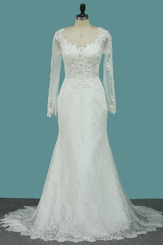 2024 Scoop Mermaid Wedding Dresses Long Sleeves Lace With Applique