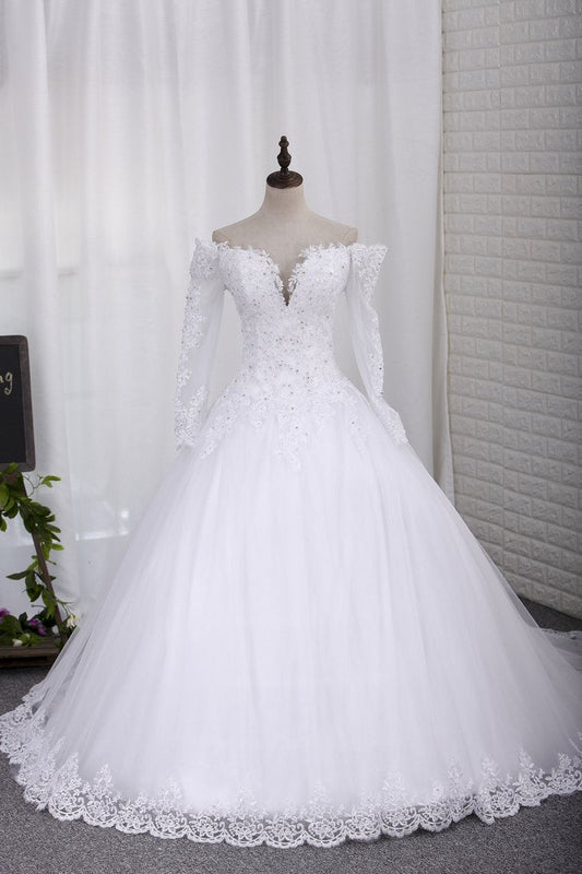 2024 New Wedding Dress A-Line Scoop Long Sleeves Tulle Court Train With Applique