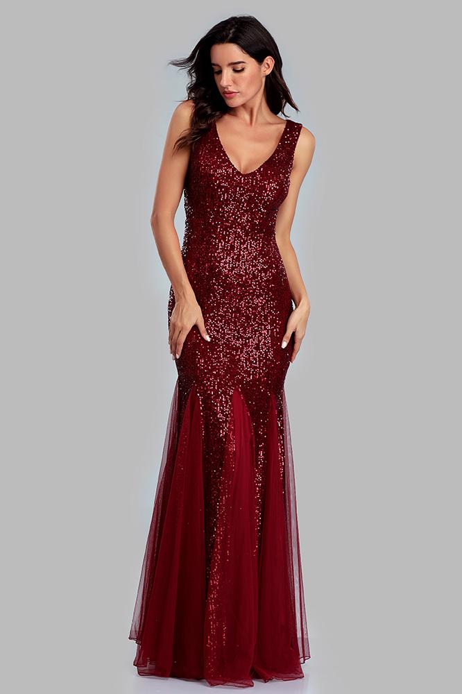 Sexy Burgundy Tulle V Neck Mermaid Sequin Prom Dresses, Evening Party Dresses SRS15332