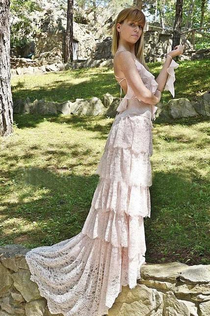 Spaghetti Tired Lace Vintage Wedding Dress with Sweep Train, Round Neck Bridal Dresses SRS15425