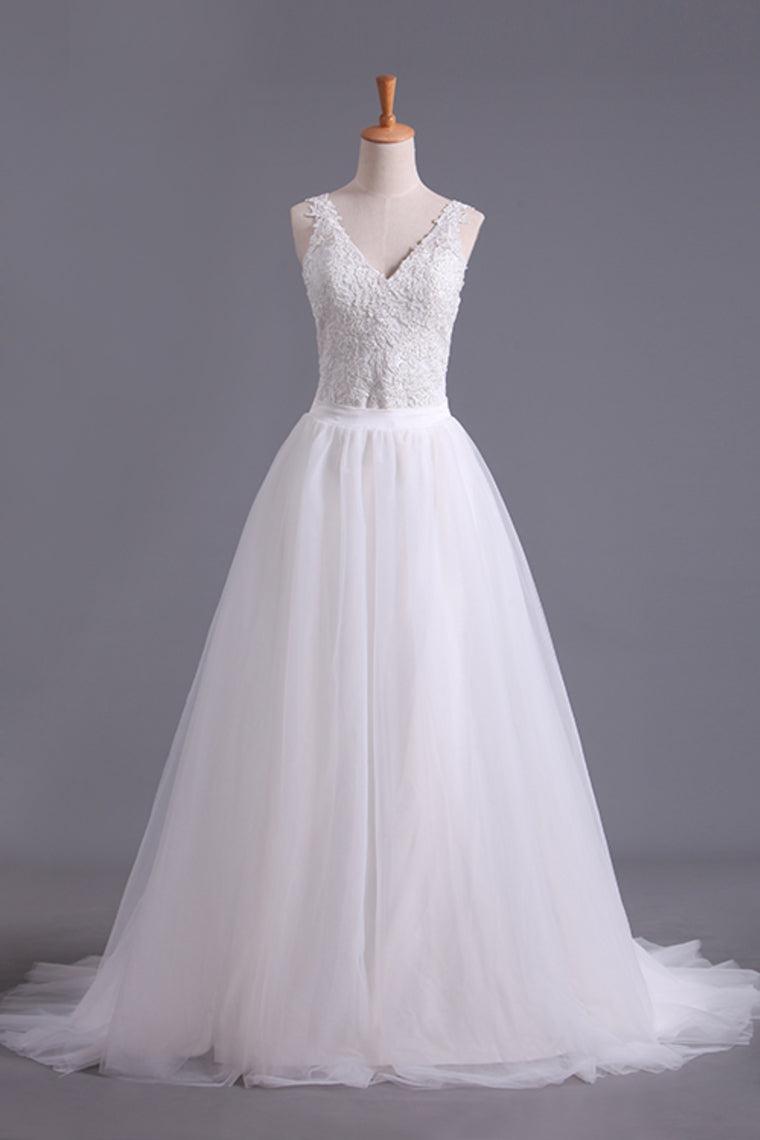New Arrival Spaghetti Straps Wedding Dresses Sheath Lace & Tulle With Applique Court Train SRSPRX2EKZH