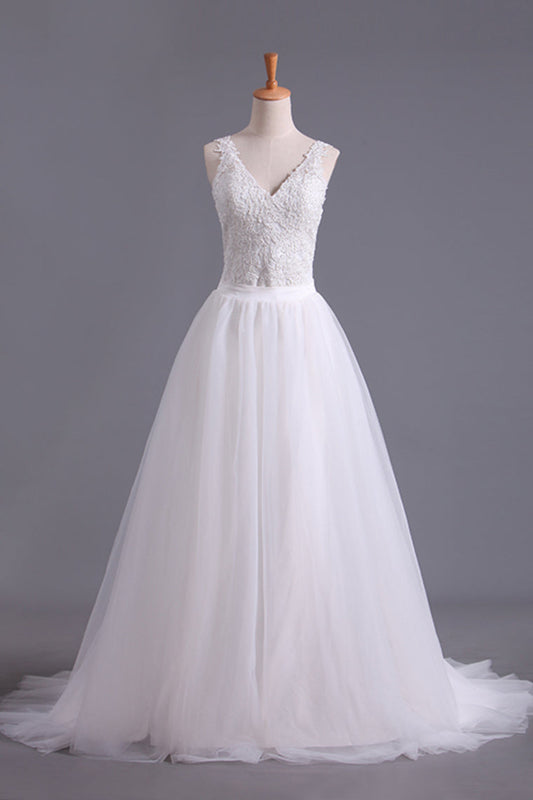 New Arrival Spaghetti Straps Wedding Dresses Sheath Lace & Tulle With Applique Court Train SRSPRX2EKZH