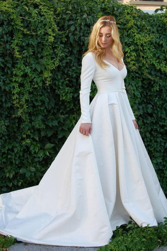 New Elegant Satin Wedding Dresses V Neck Long Sleeve Bridal Gowns Bridal Dresses
