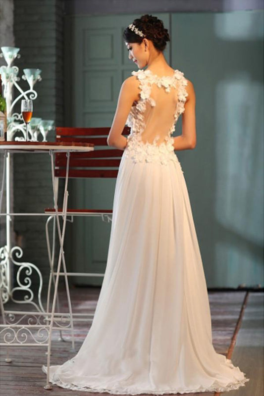 Sheer Back A-Line V-Neck Floor-Length Chiffon Appliques Sleeveless Wedding Dress RS66
