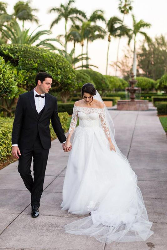 Long Sleeve Off the Shoulder Tulle Wedding Dresses, A line Lace Elegant Wedding Gowns SRS15244