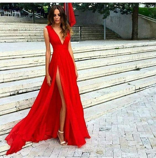 Sexy Slit Evening Dress V-neckline Red Split Slit Sexy Red Formal Dress Prom Dresses RS709