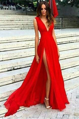 Sexy Slit Evening Dress V-neckline Red Split Slit Sexy Red Formal Dress Prom Dresses RS709