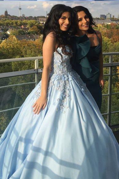 Princess Ball Gown Blue Appliques Strapless Quinceanera Dresses, Sweet 16 Dresses SRS15290