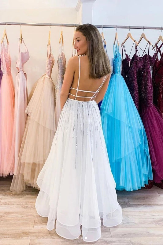 Puffy White V Neck Tulle Sequins Long Prom Dress A Line Backless Evening Dresses SRS15313