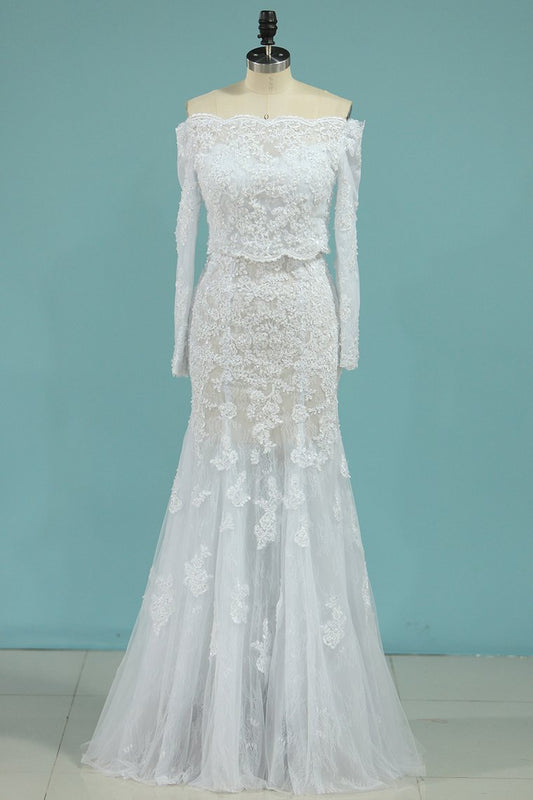 2024 Mermaid Boat Neck Wedding Dresses With Applique Chapel Train Lace