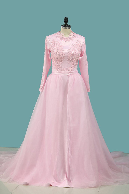 2024 Mermaid Wedding Dresses Scoop Long Sleeves Stretch Satin With Tulle Detachable Train