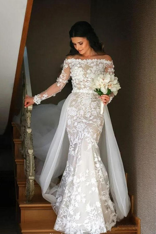 Mermaid Long Sleeve Lace Appliques Off the Shoulder Detachable Train Wedding Dresses SRS15262