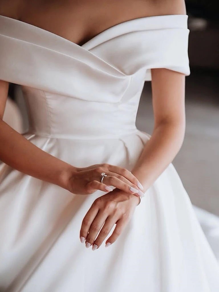 Ball Gown Off the Shoulder Satin White Sweetheart Wedding Dresses, Wedding Gowns SRS15062