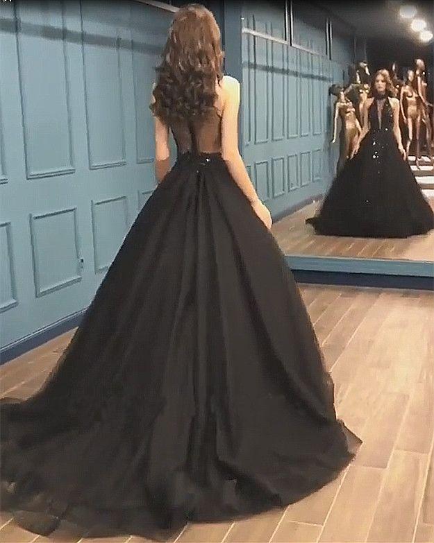 Sexy Ball Gown High Neck Black Tulle V Neck Sequins Party Dresses, Prom Dresses SRS15594