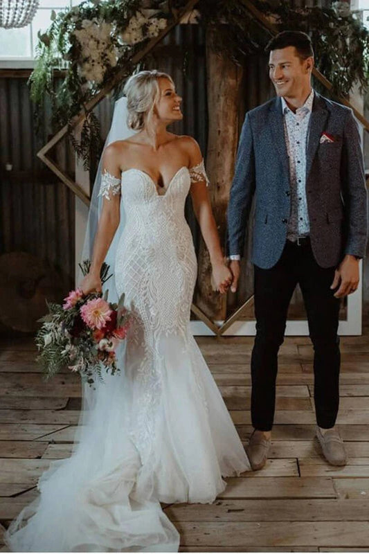 Charming Ivory V Neck Mermaid Strapless Lace Appliques Wedding Dresses, Bridal Dresses SRS15506