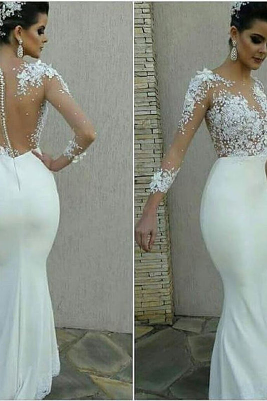 2024 New Arrival Satin Wedding Dresses Mermaid Scoop With Appliques And Pearls Long Sleeves