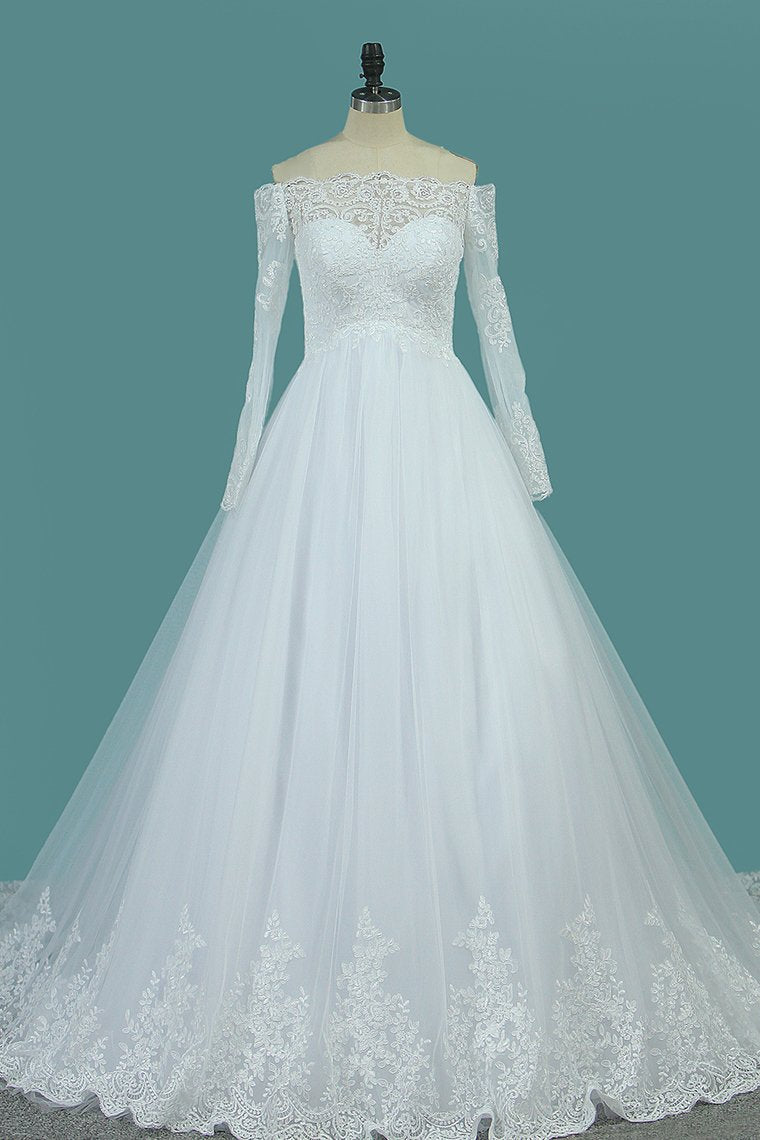 2024 Boat Neck A Line Long Sleeves Wedding Dresses Tulle With Applique
