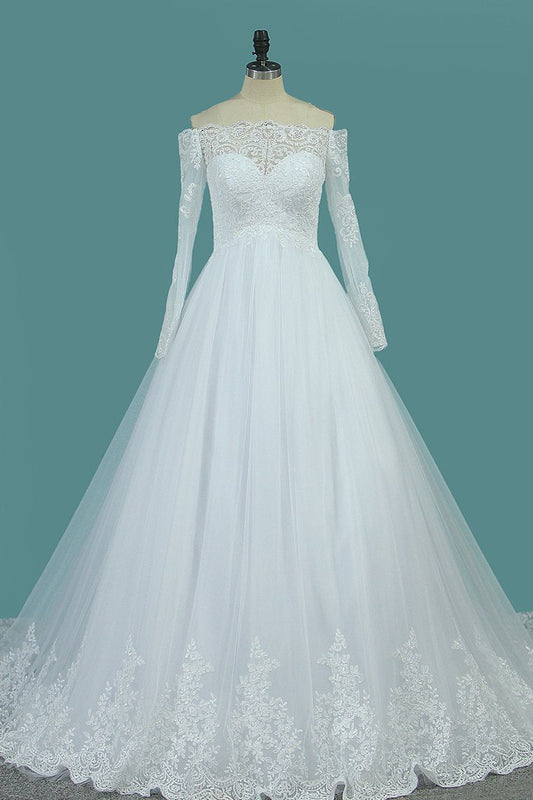 2024 Boat Neck A Line Long Sleeves Wedding Dresses Tulle With Applique