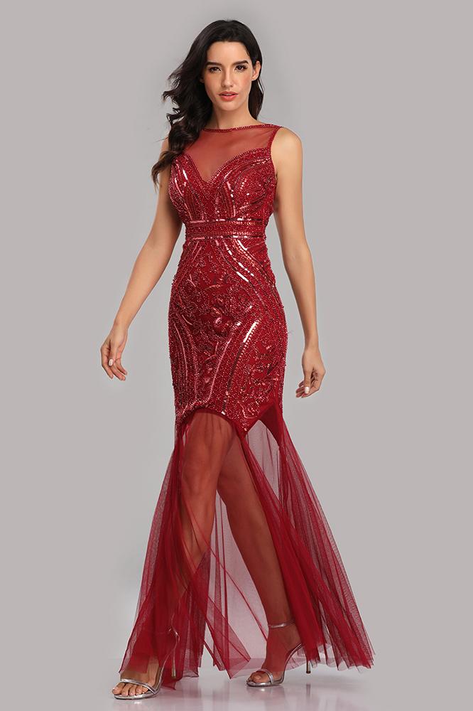 See Through Burgundy Mermaid Bateau Prom Dresses with Beading Tulle Party Dresses SRS15324