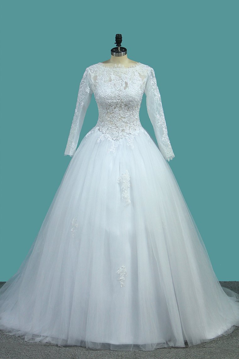 2024 Bateau Long Sleeves A Line Tulle Wedding Dresses With Applique Court Train