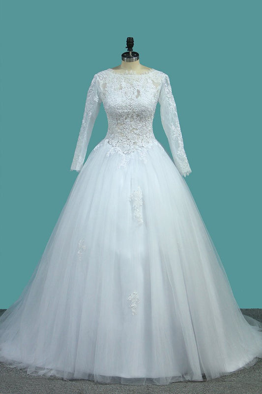 2024 Bateau Long Sleeves A Line Tulle Wedding Dresses With Applique Court Train