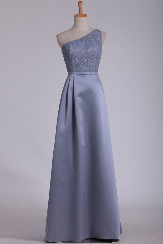 2024 Chiffon One Shoulder Satin & Lace Bridesmaid Dresses Floor Length